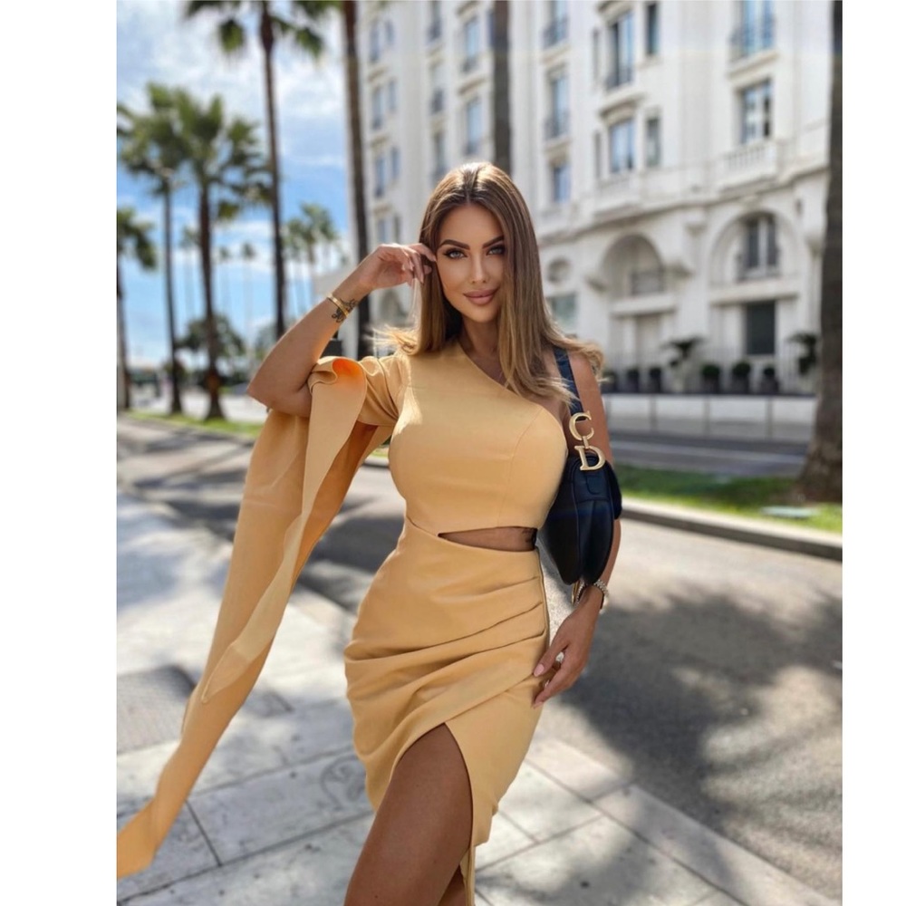 - Stunning Lavish Alice one shoulder cape midi dress in buttermilk